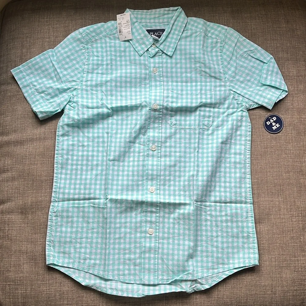The Children’s Place Teal Gingham Short Sleeve Button Down Shirt NWT 10/12